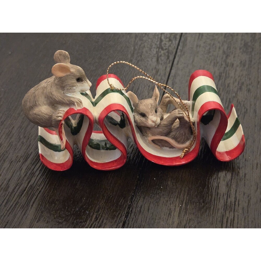Charming Tails "Sticky Situation" ribbon candy Christmas ornament,two mice